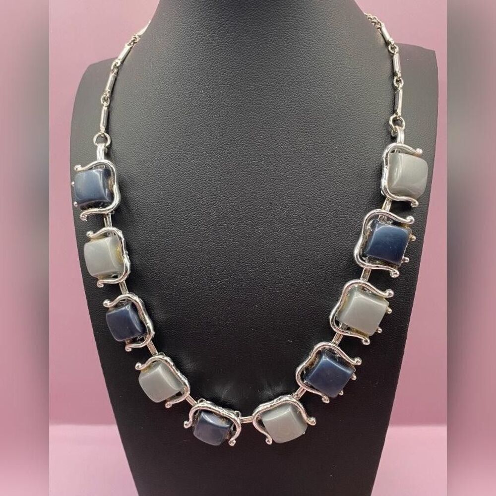 Silver Tone Square Cabochon Necklace Women's Blue Gray Statement Chunky Collar